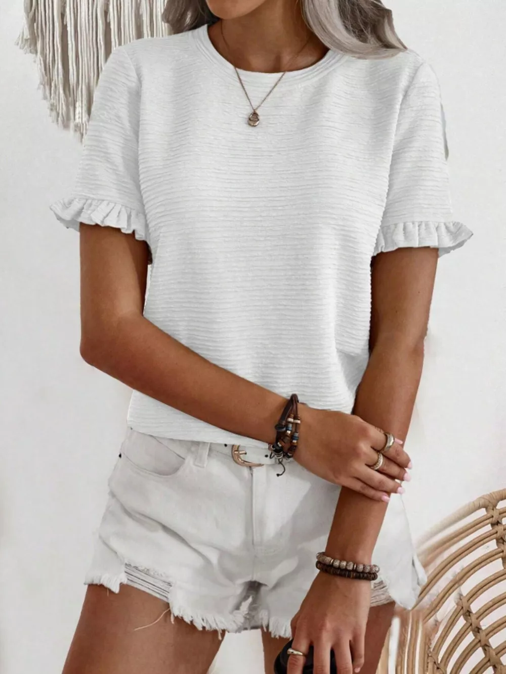 Textured Ruffle Sleeve Round Neck T-Shirt, image 27