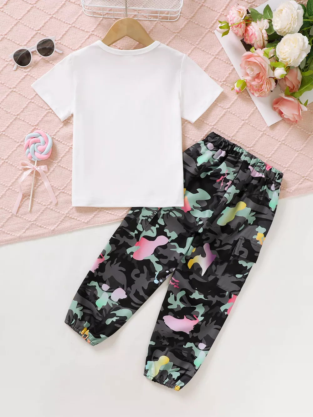 Children's Cartoon Girl T-Shirt & Camo Pants Set, image 5
