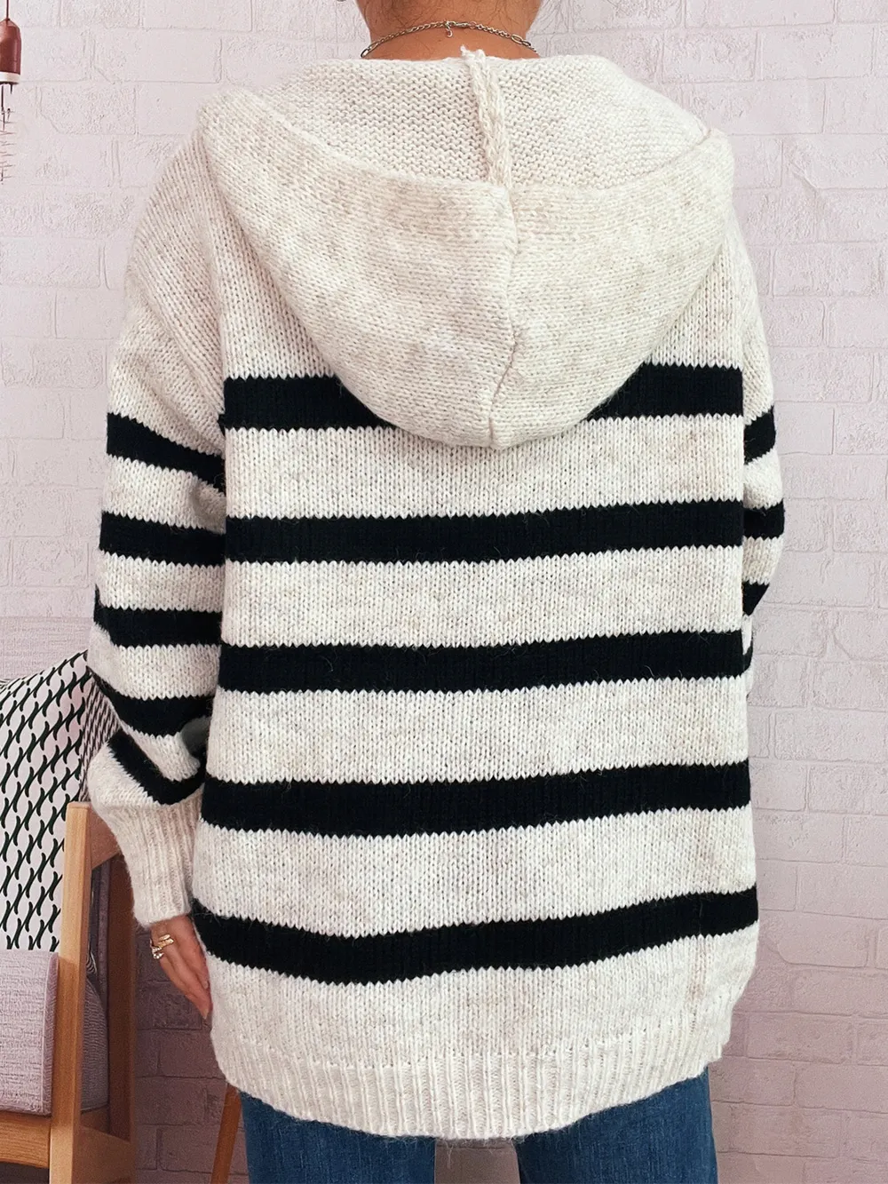 Striped Button-Up Hooded Cardigan, image 7