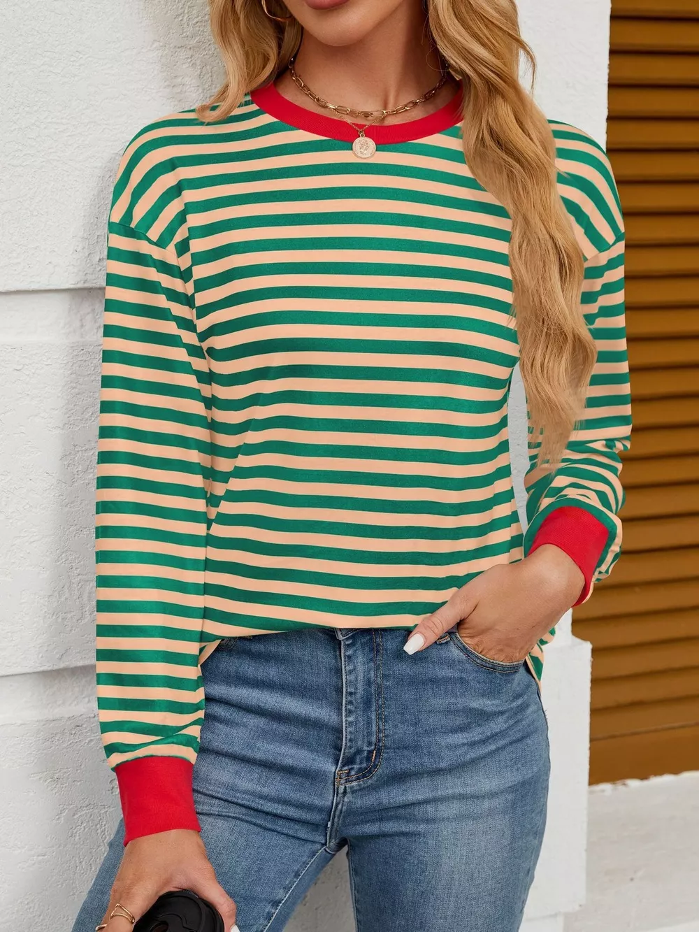 Striped Round Neck Long Sleeve T-Shirt, image 14