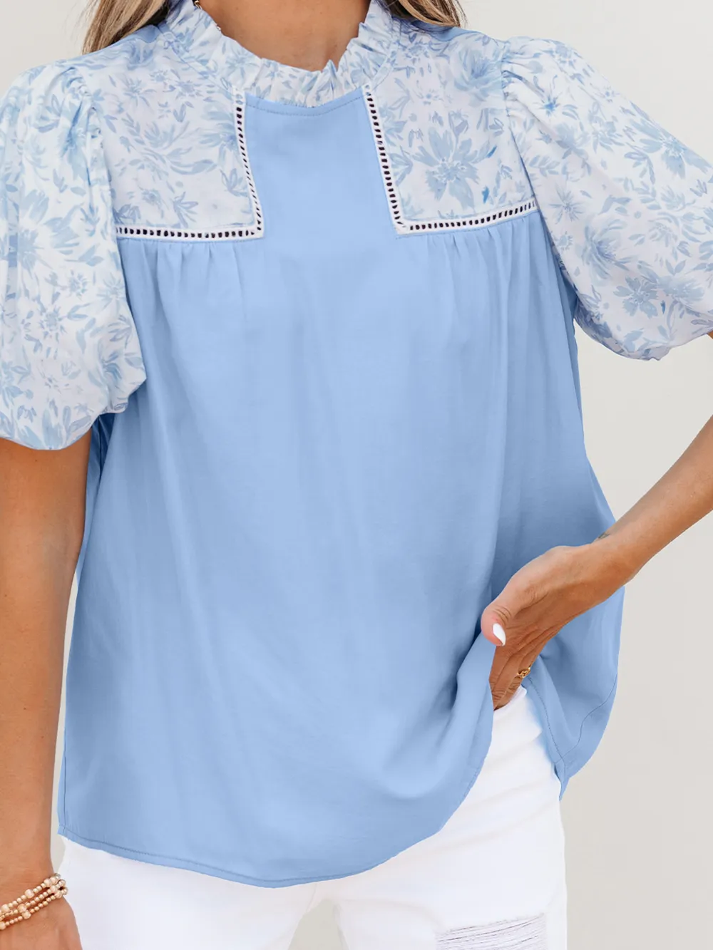 Lace Insert Floral Puff Sleeve Patchwork Loose Blouse, image 7