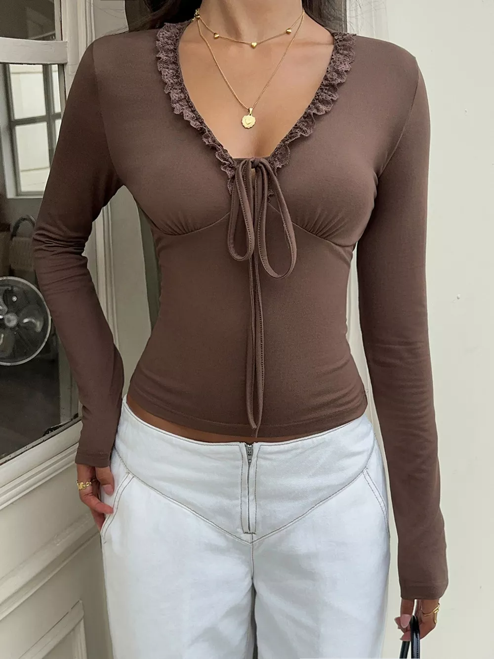 Lace-Trimmed V-Neck Long Sleeve T-Shirt, image 4