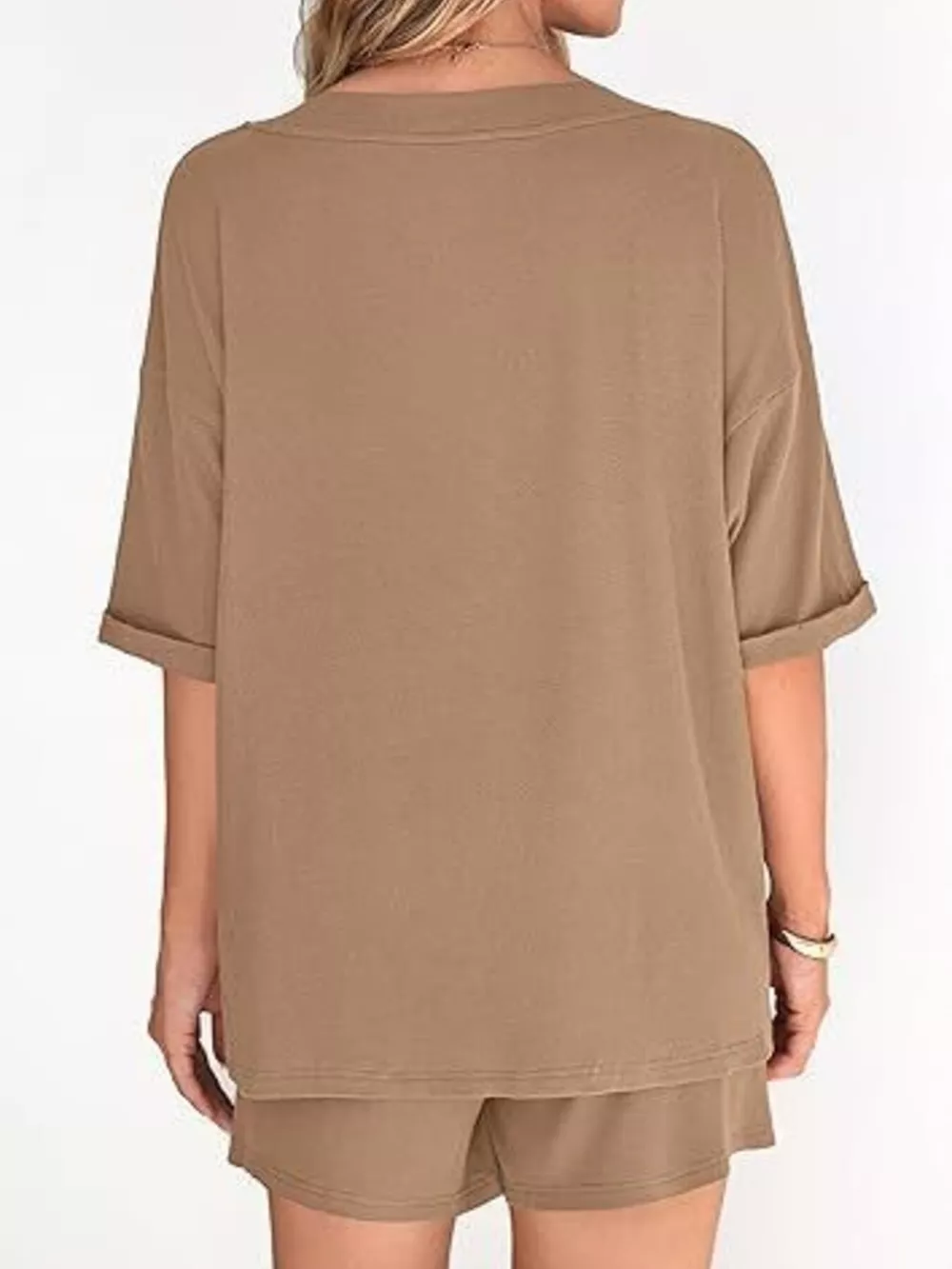 Solid Color V-Neck and Shorts Set, image 2