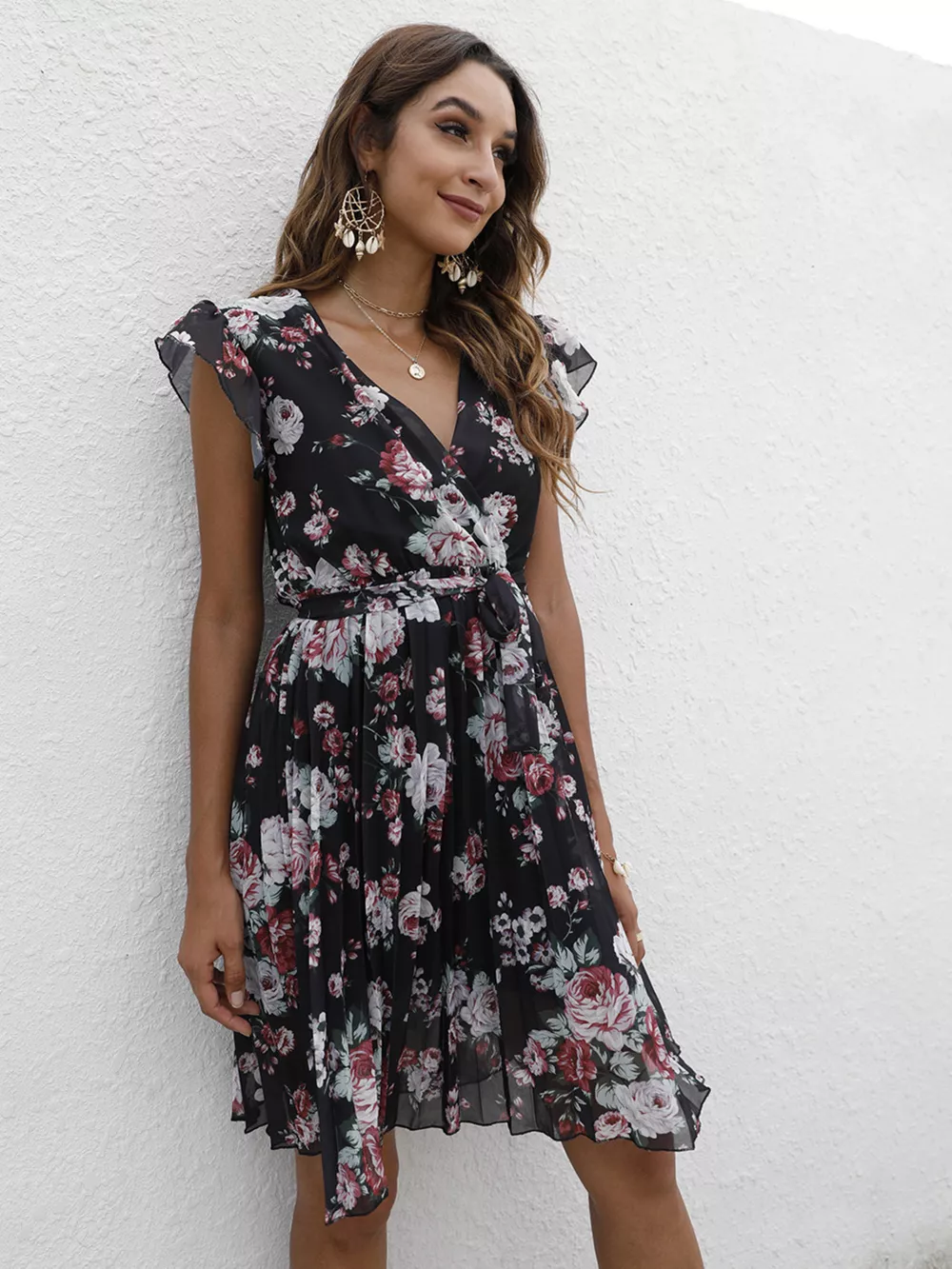 Pleated Floral Print Ruffle Sleeve Dress, image 8