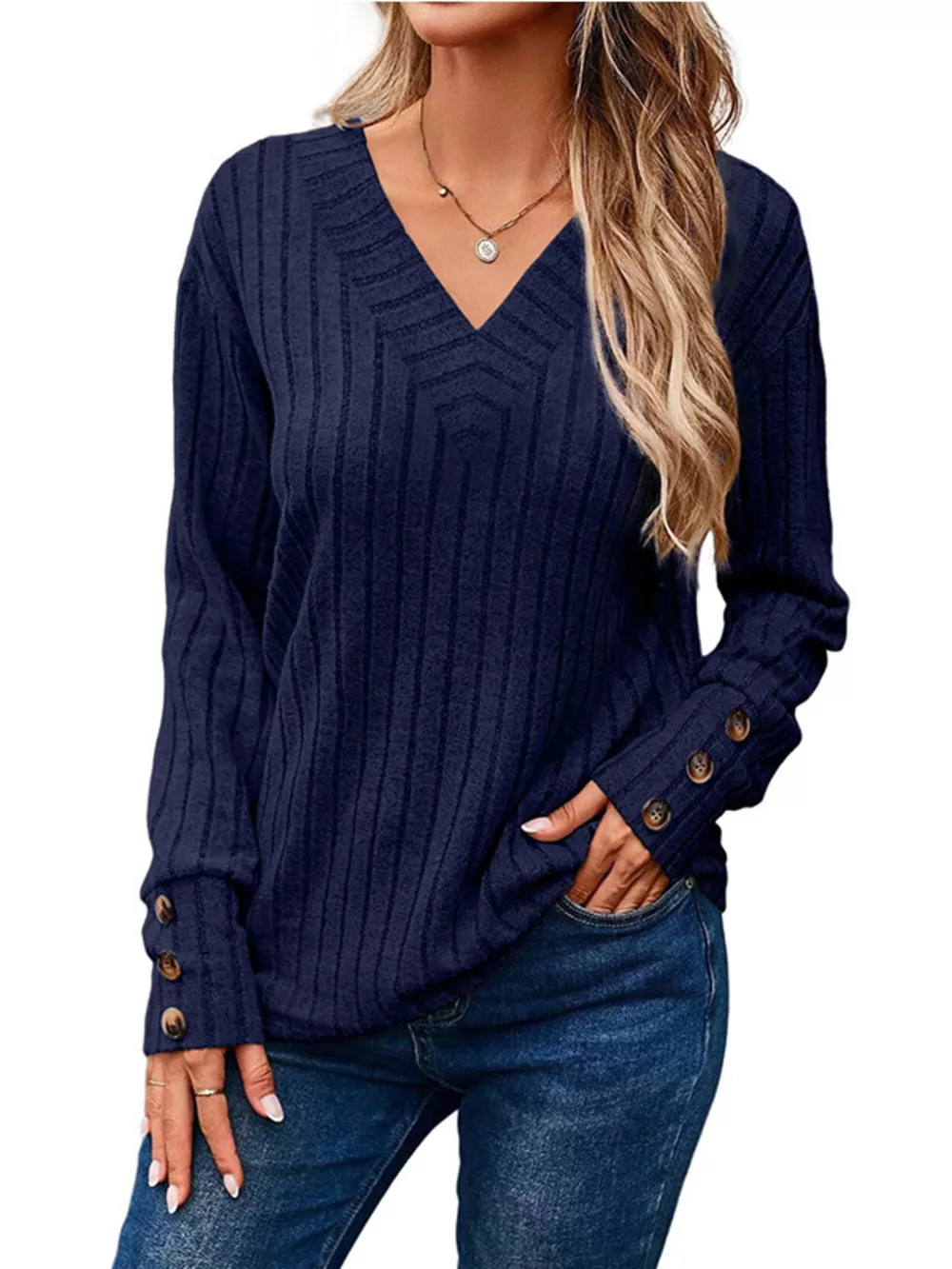 Ribbed V-Neck Long Sleeve Top, image 16