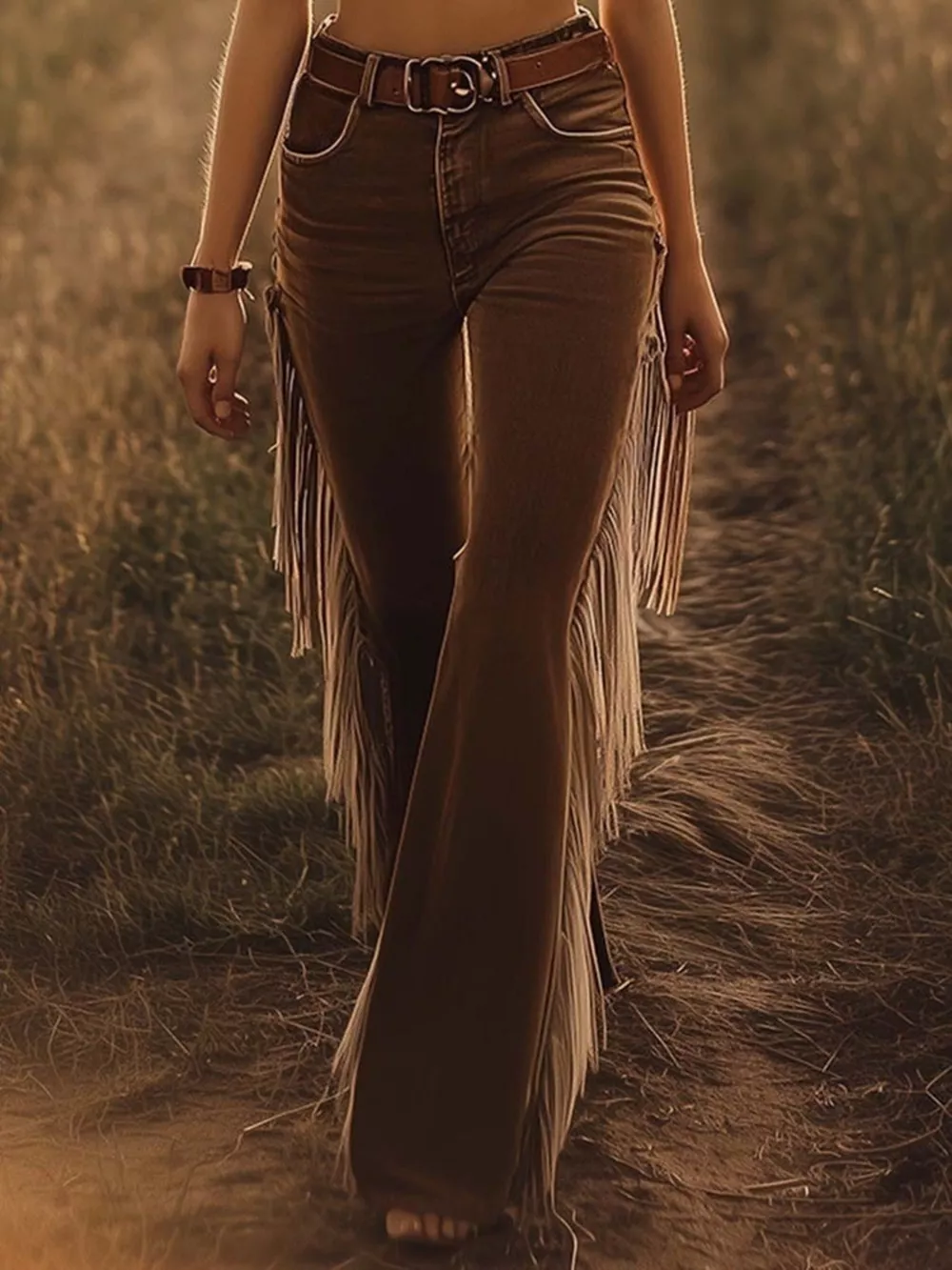 Fringe Trim Flare Pants, image 6