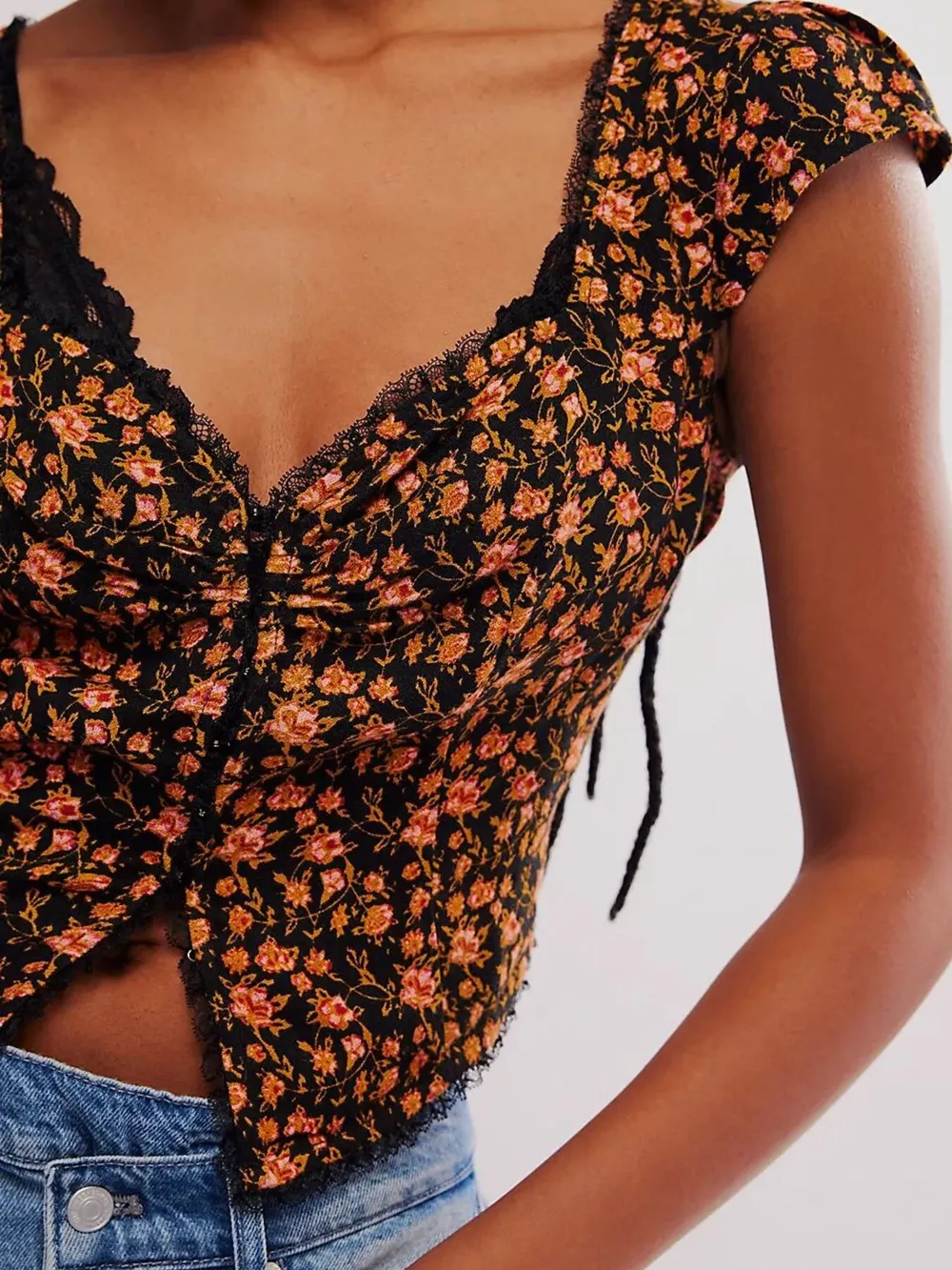 Floral Print Cap Sleeve Cropped Top, image 8