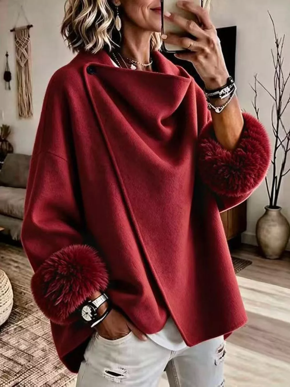 Full Size Elegant Asymmetric Faux Fur Cuff Outerwear Plus Size, image 16
