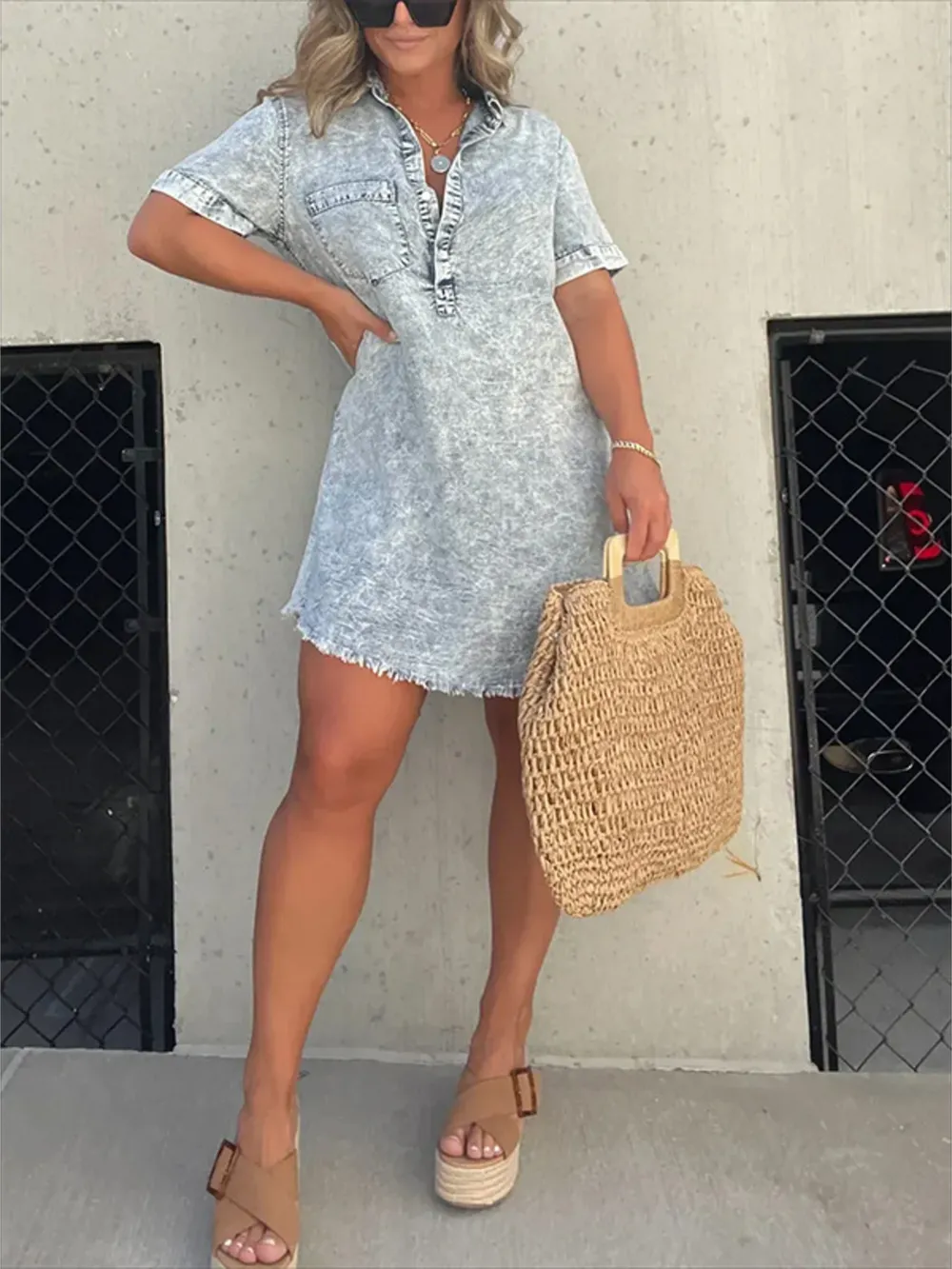 Full Size Raw Hem Short Sleeve Denim Dress Plus Size
