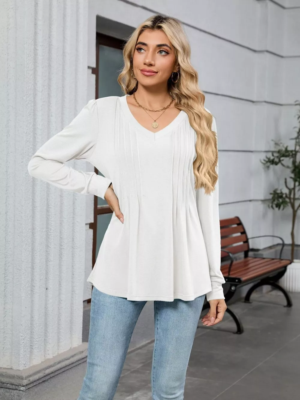 V-Neck Long Sleeve Relaxed Fit T-Shirt, image 2