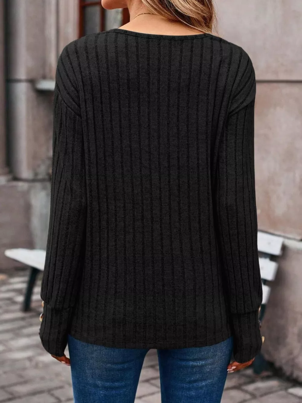 Ribbed V-Neck Long Sleeve Top, image 8
