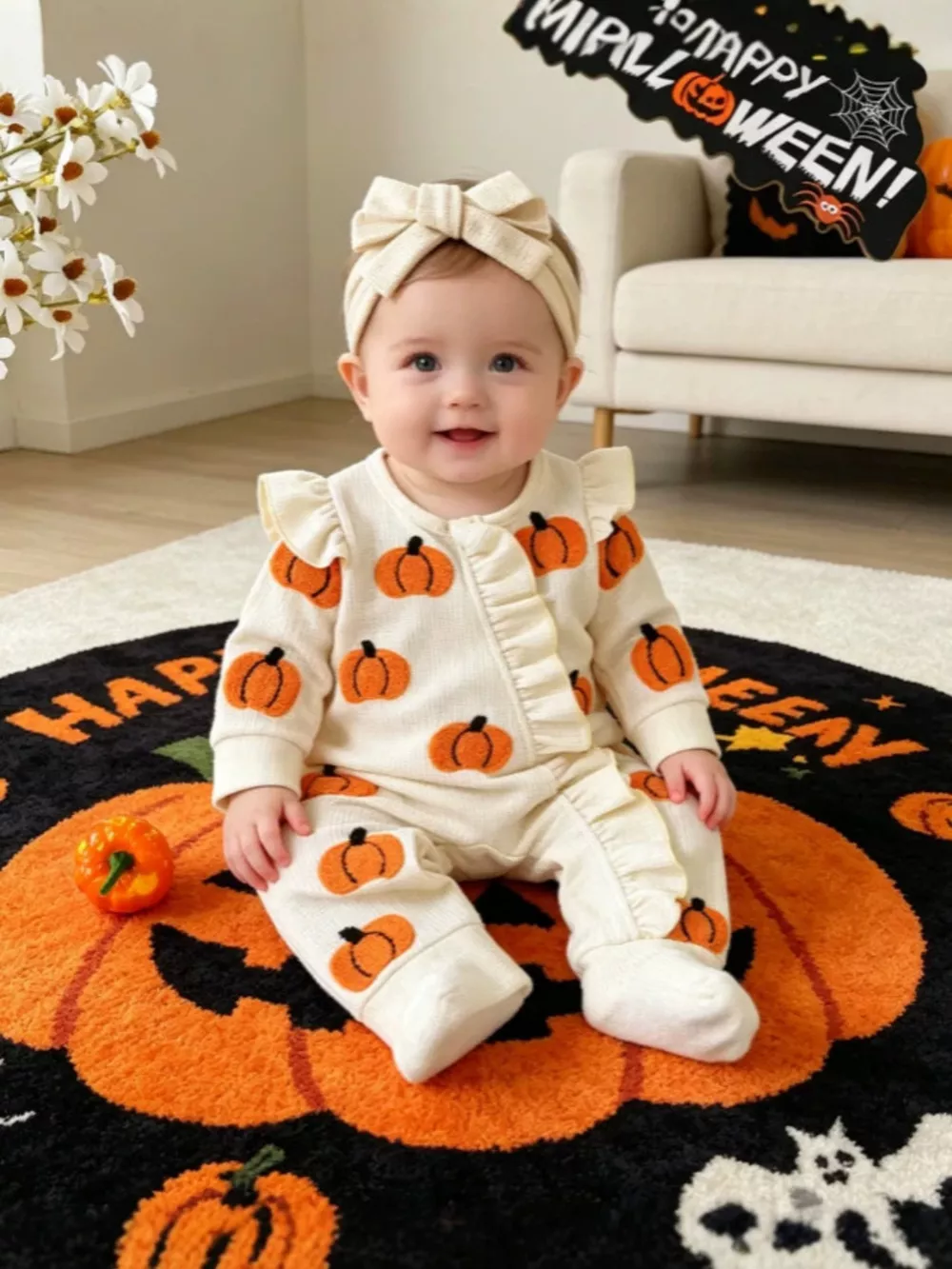 Children's Halloween Ruffled Long Sleeve One-Piece Jumpsuit with Headband, image 7