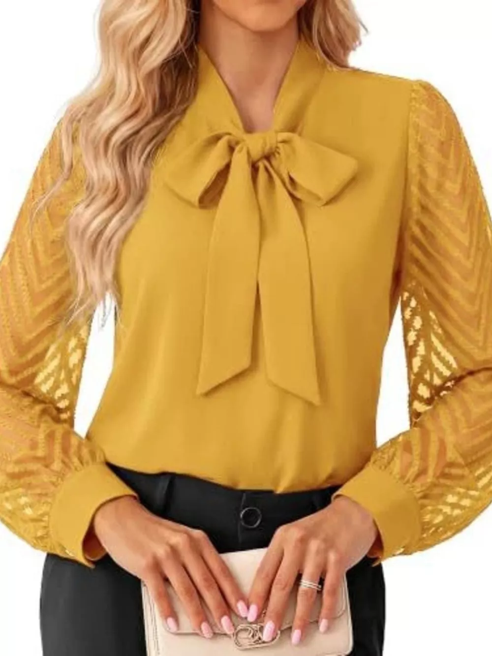 Bow-Tie Blouse with Sheer Chevron Long Sleeves, image 10