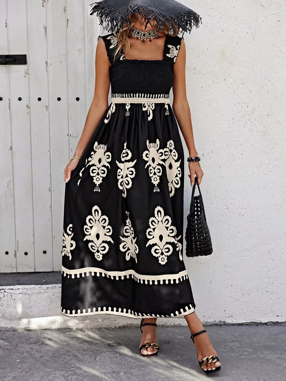 Smocked Printed Square Neck Maxi Dress, image 14