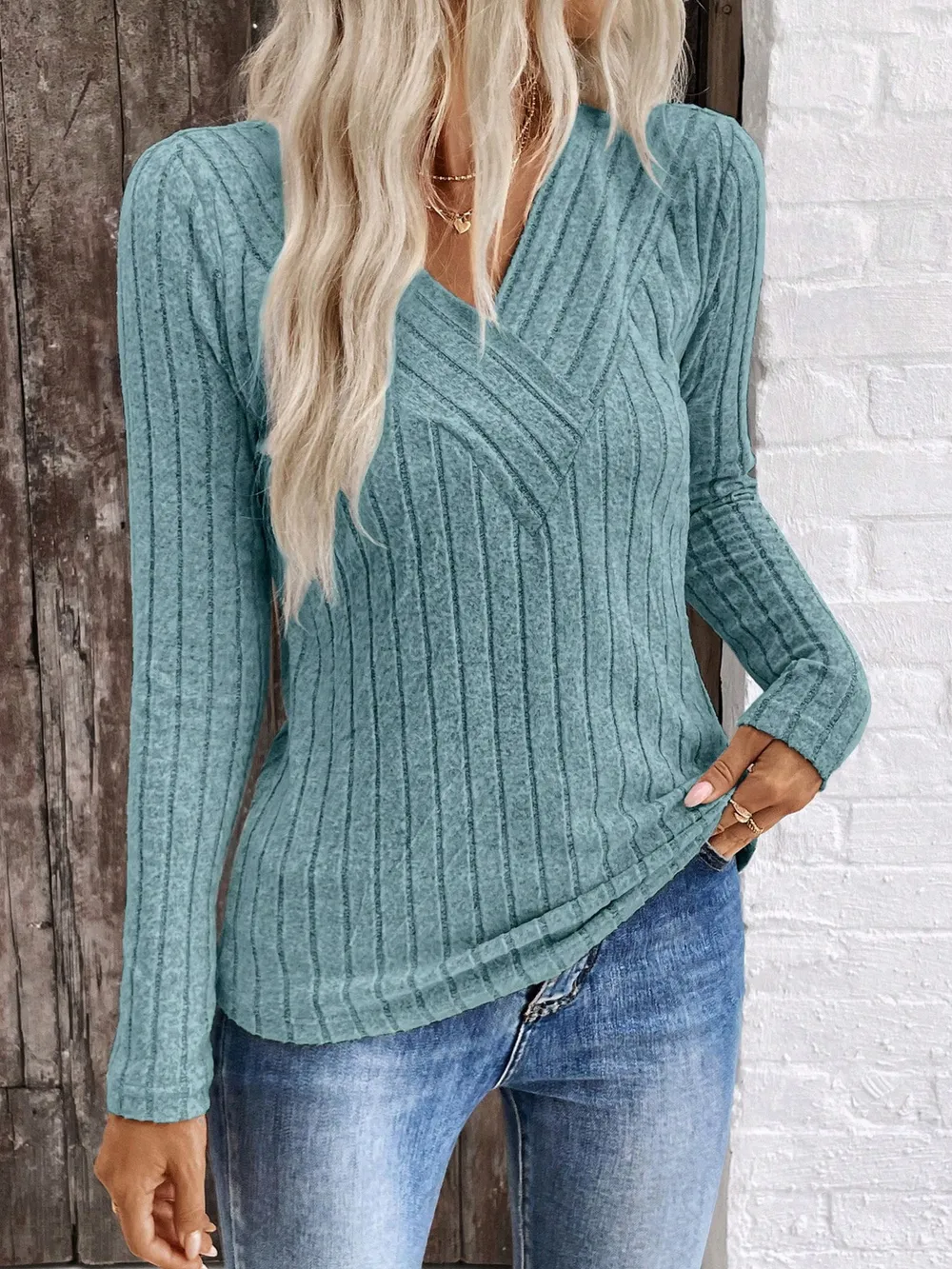 Ribbed V-Neck Long Sleeve Knit T-Shirt, image 10