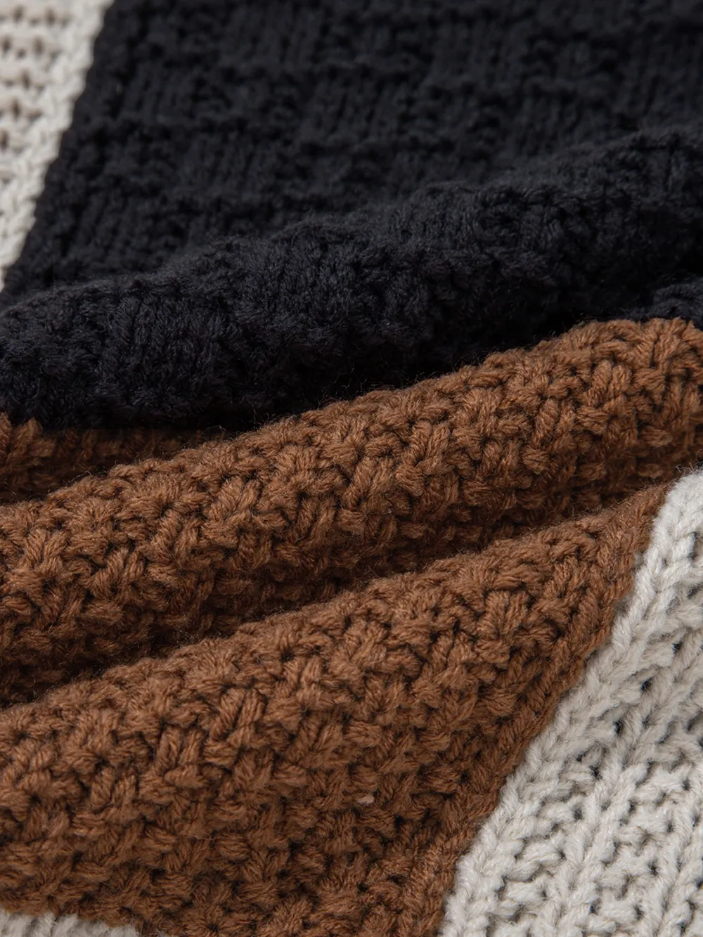 Multicolour Color Block Cable Knit Sleeve Buttons Collared Sweater, image 6