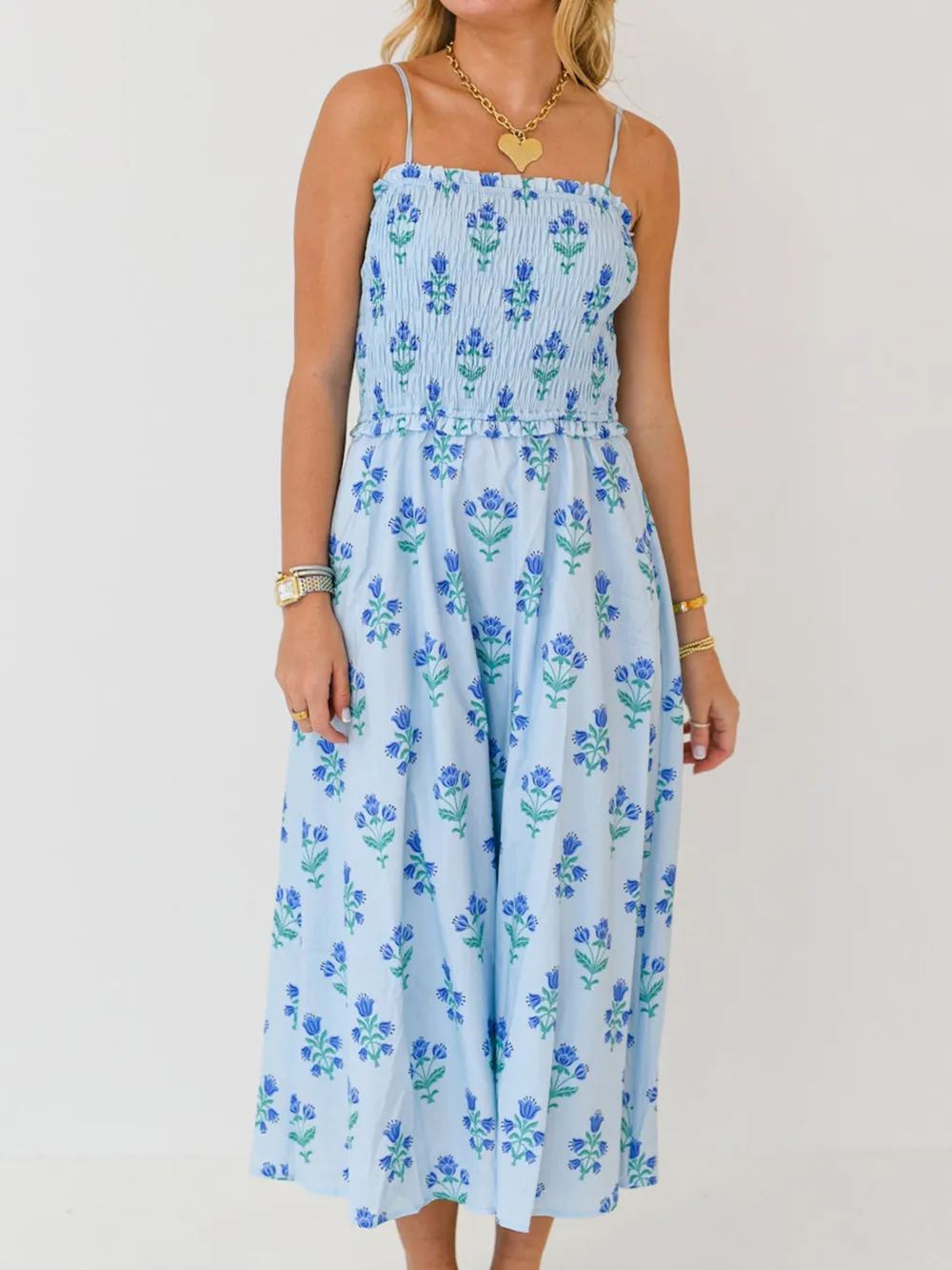 Floral Smocked Adjustable Strap Midi Cami Dress, image 4