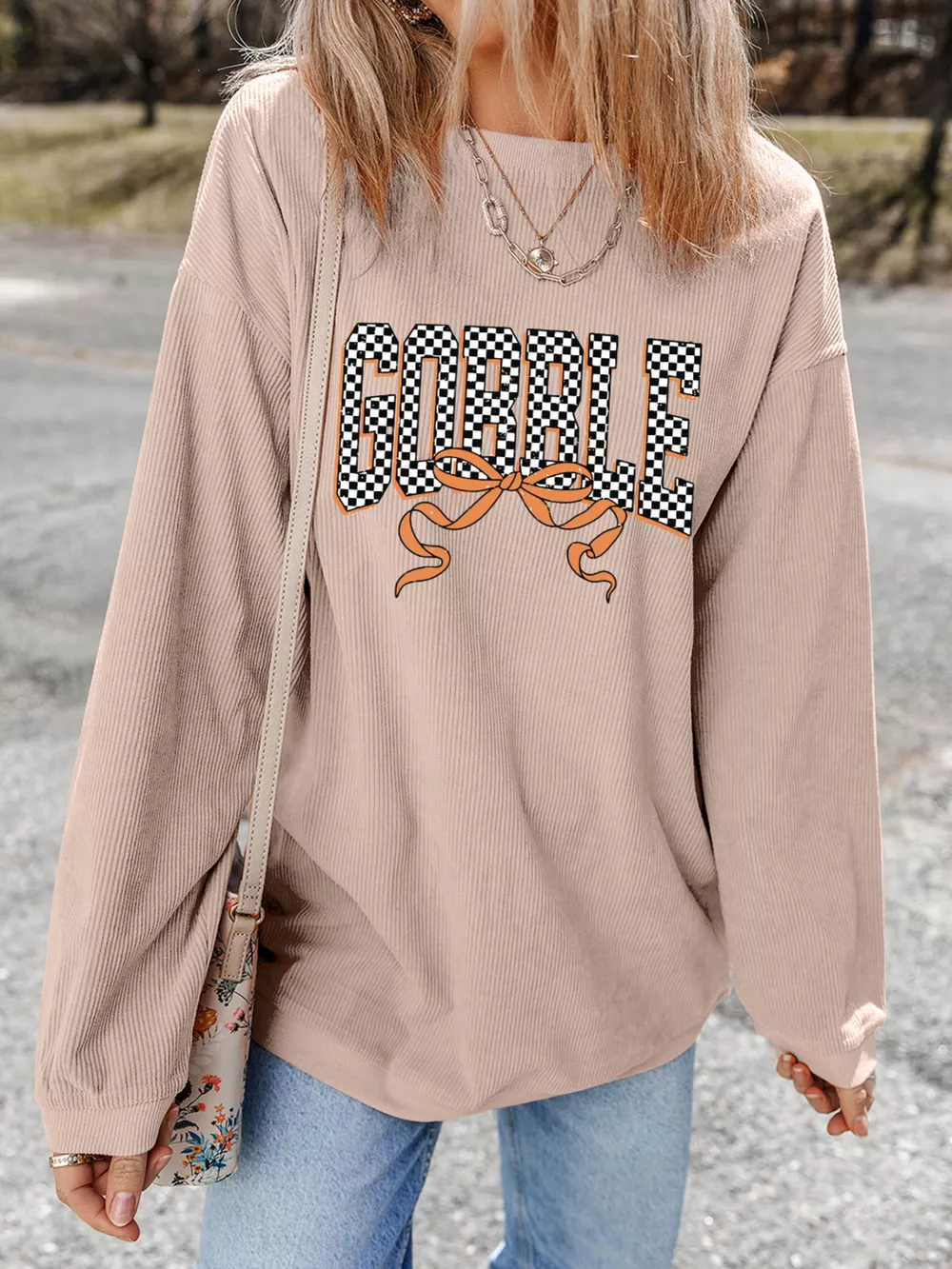 Twisted Ribbed Texture Checkered GOBBLE Bow Baggy Sweatshirt