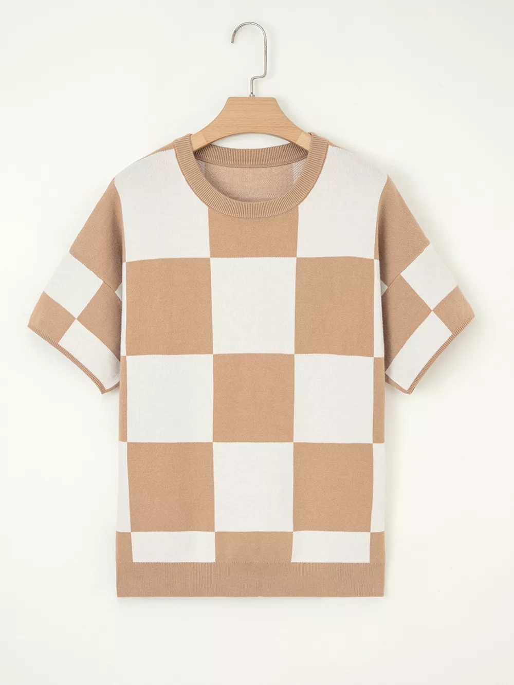Checkered Pattern Loose Drop Shoulder Half Sleeve Sweater, image 5