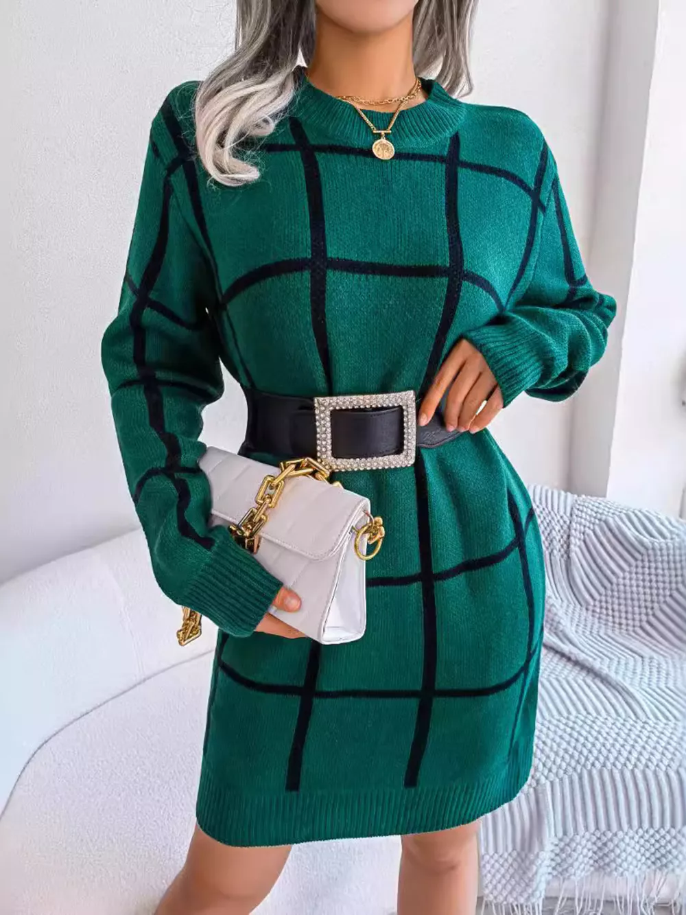 Plaid Pattern Long Sleeve Sweater Dress, image 3