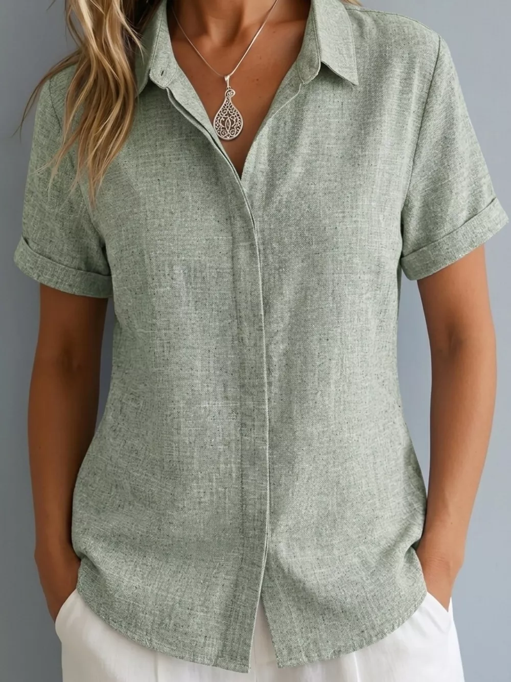 Full Size Collared Neck Short Sleeve Shirt Plus Size, image 11