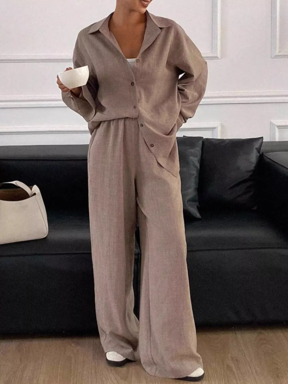 Button Up Long Sleeve Shirt and Wide Leg Pants Set, image 15