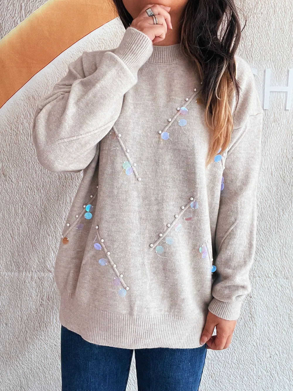 Sequined Embellished Round Neck Sweater, image 5