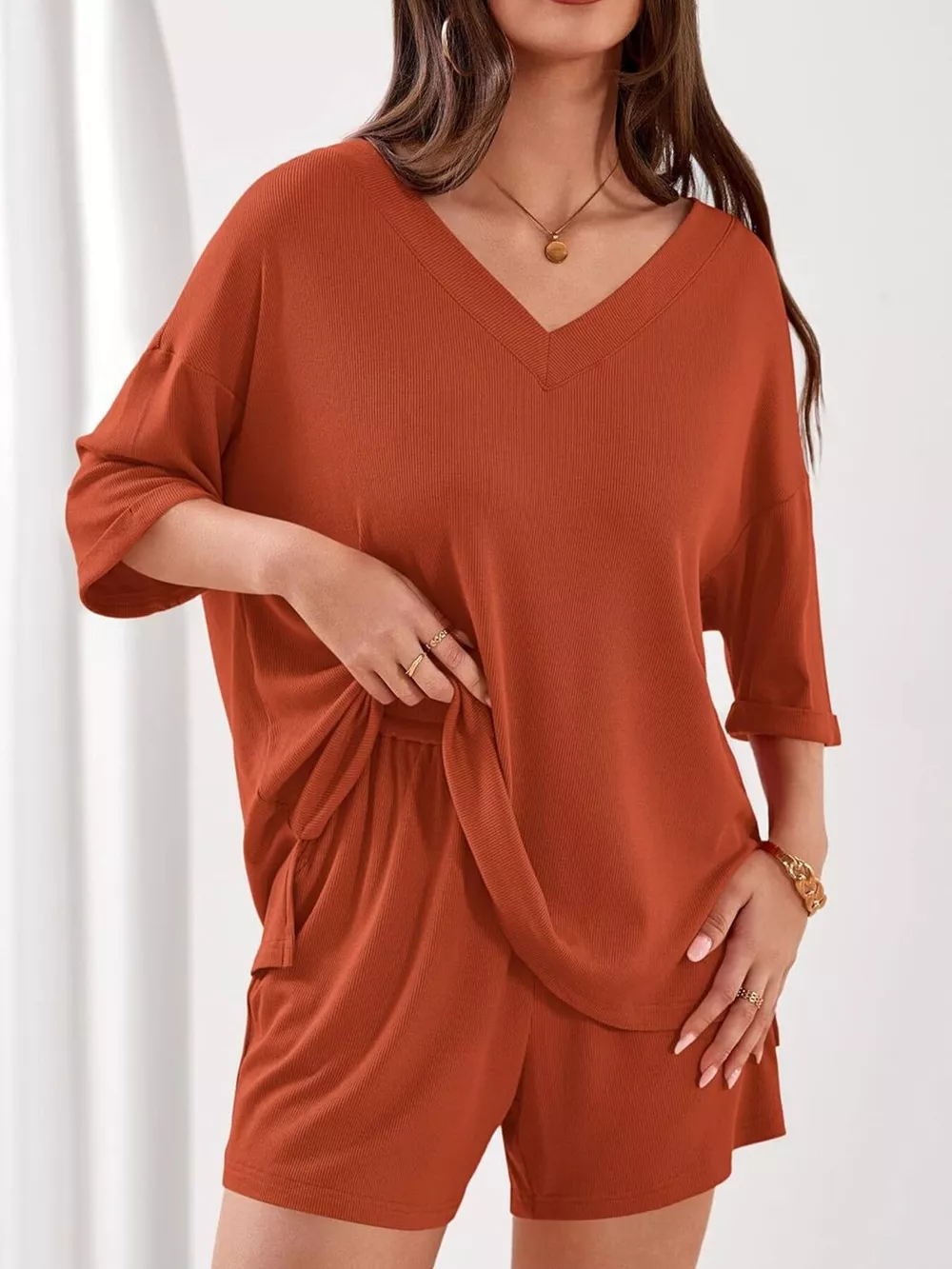 Casual Solid Color V-Neck Top & Shorts Set, image 10
