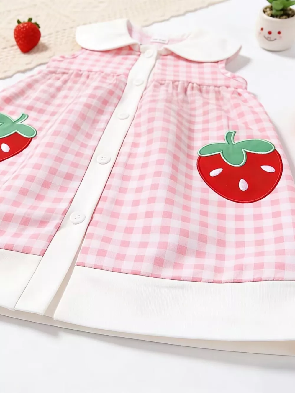 Children's Fruit Embroidered Sleeveless Plaid Dress, image 3