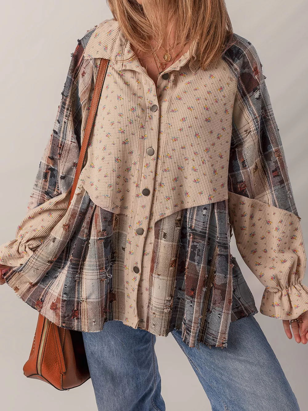 Boho Floral Plaid Patchwork Distressed Detail Ruffled Sleeve Waffle Knit Shacket, image 2