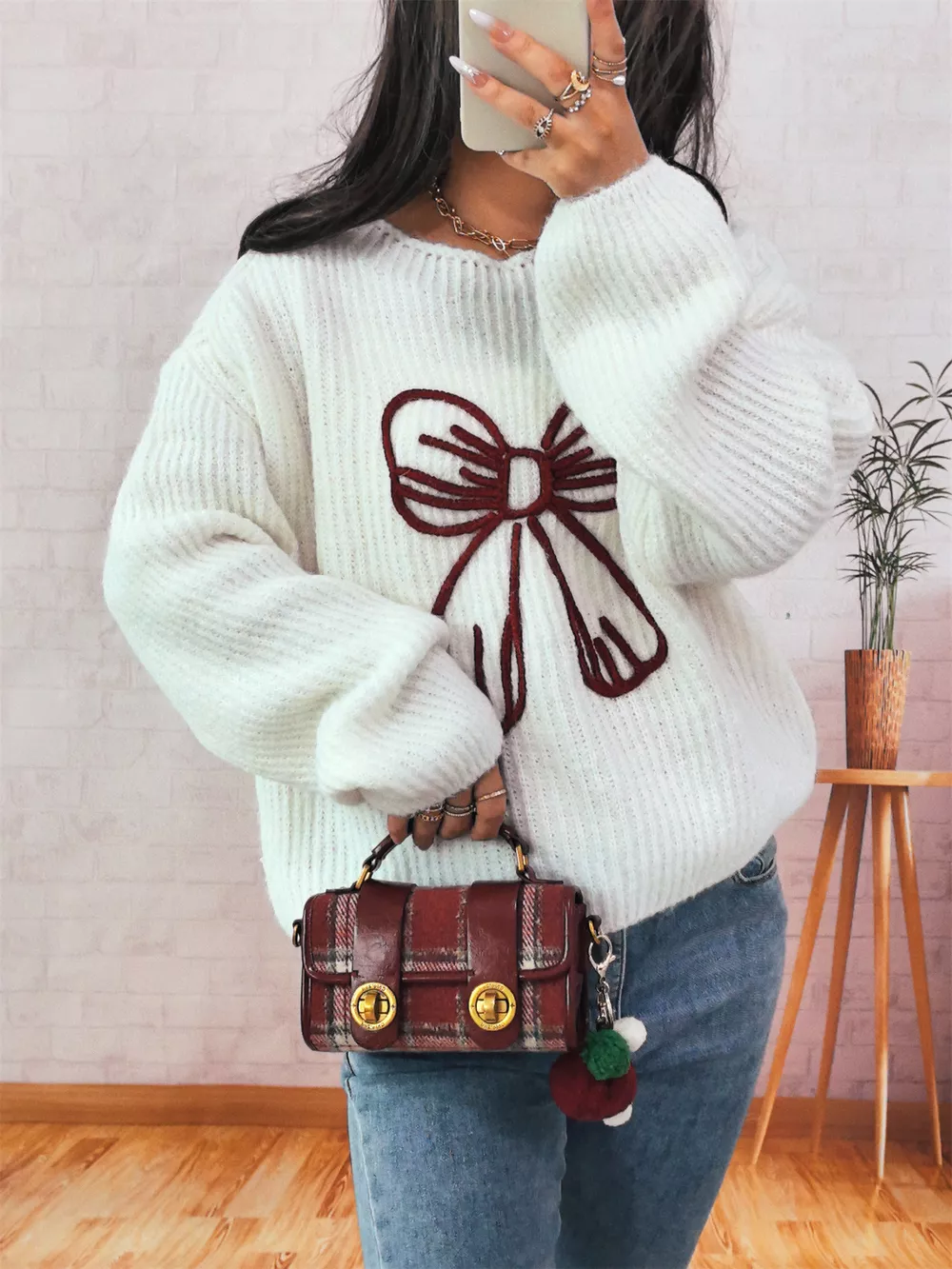 Bow Round Neck Long Sleeve Sweater, image 5