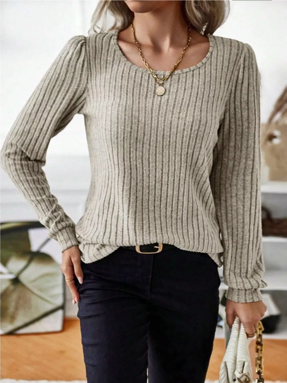 Ribbed Knit Long Sleeve T-Shirt, image 6