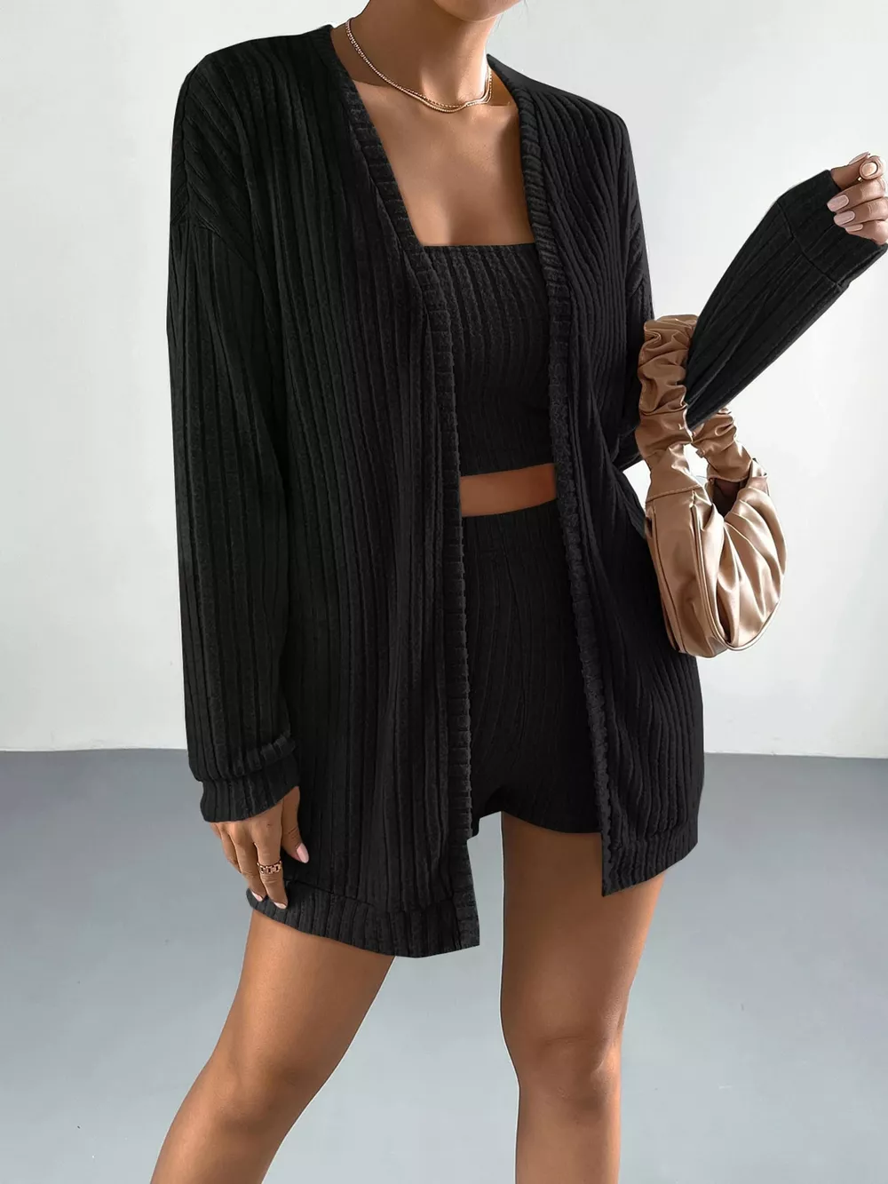 3-Piece Ribbed Knit Cardigan & Tube Top and Shorts Set, image 6