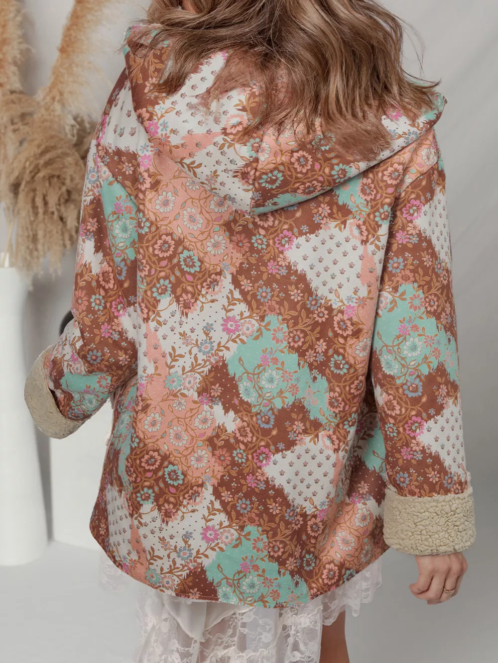 Floral Printed Sherpa Lined Hooded Jacket, image 5