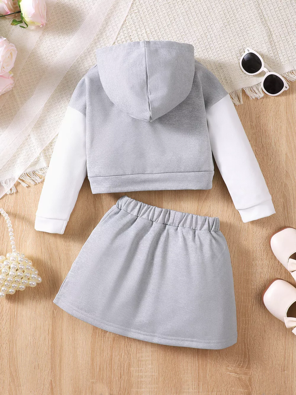 Children's Letter Graphic Color Block Hoodie and Skirt Two-Piece Set, image 5