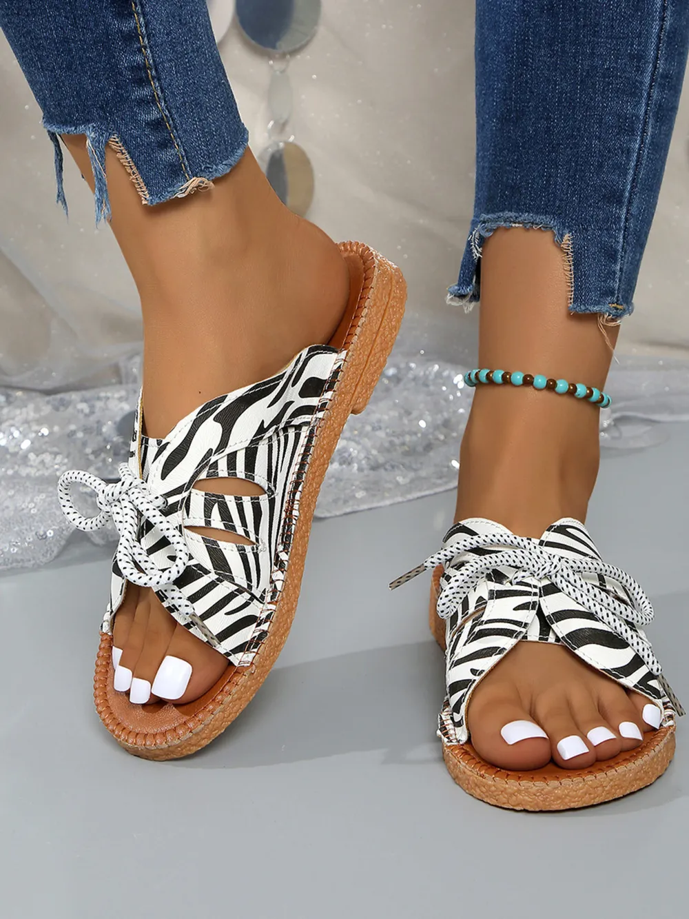 Printed Tied Flat Sandals, image 4