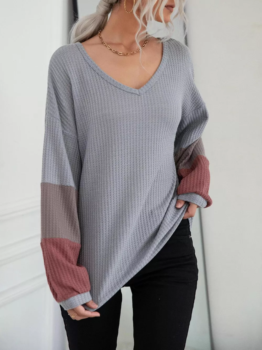 V-Neck Waffle Knit Long Sleeve T-Shirt, image 2