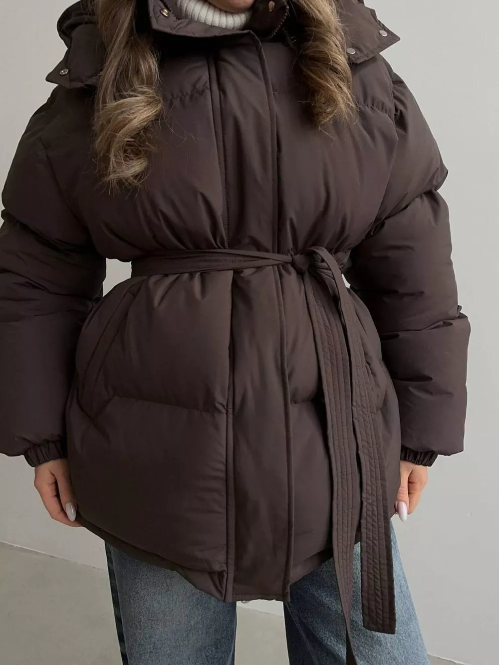 Mid-Length Thickened Hooded Winter Coat with Belted, image 7