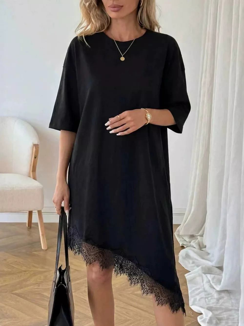 Lace Trim Asymmetrical Hem T-shirt Dress, image 7