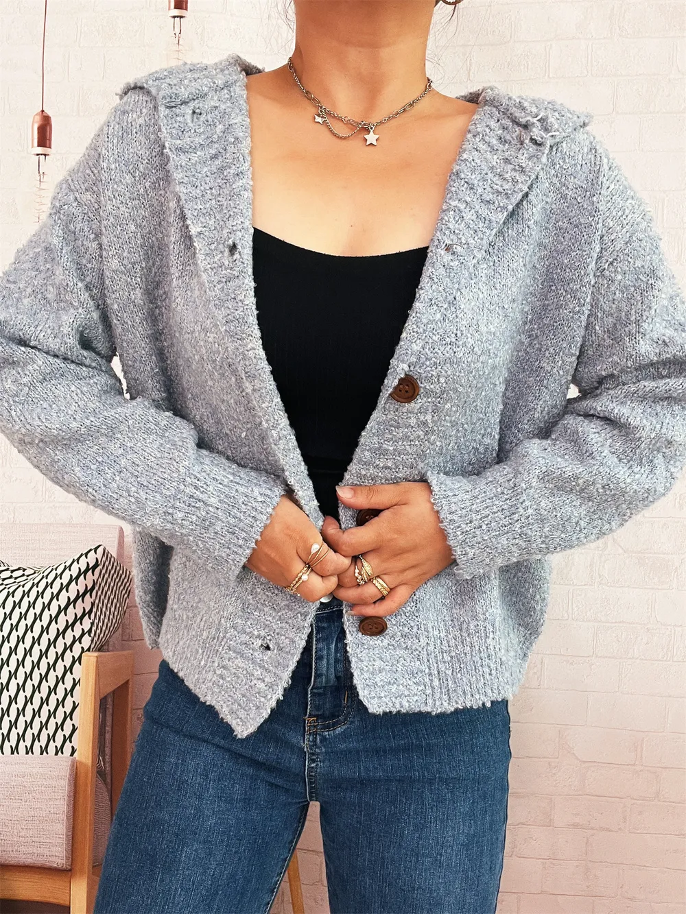 Cozy Button-Up Hooded Cardigan, image 10