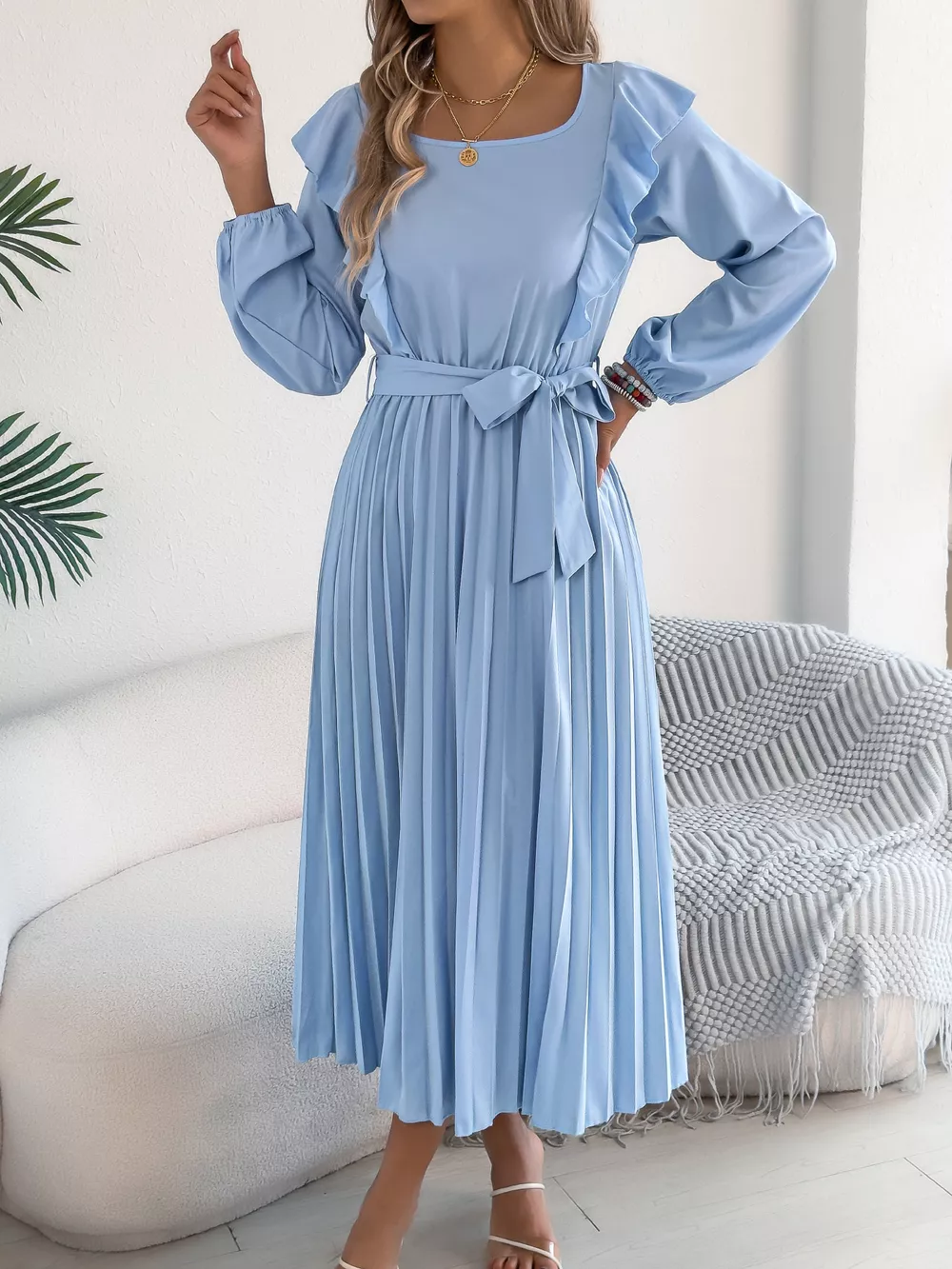Ruffle Trim Pleated A-Line Midi Dress, image 6