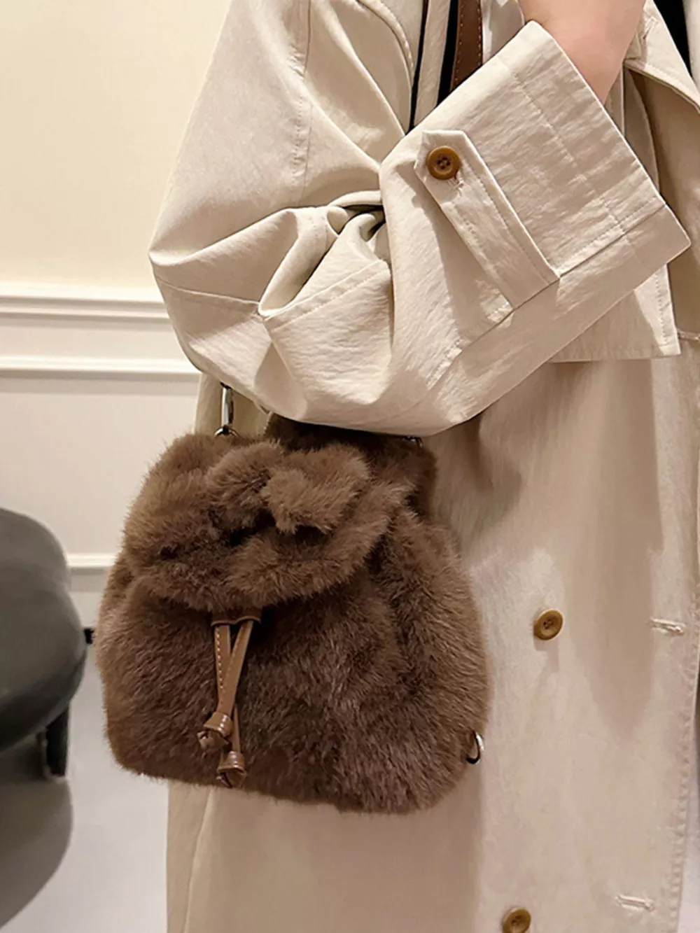 Fuzzy Plush Drawstring Backpack Bag, image 10