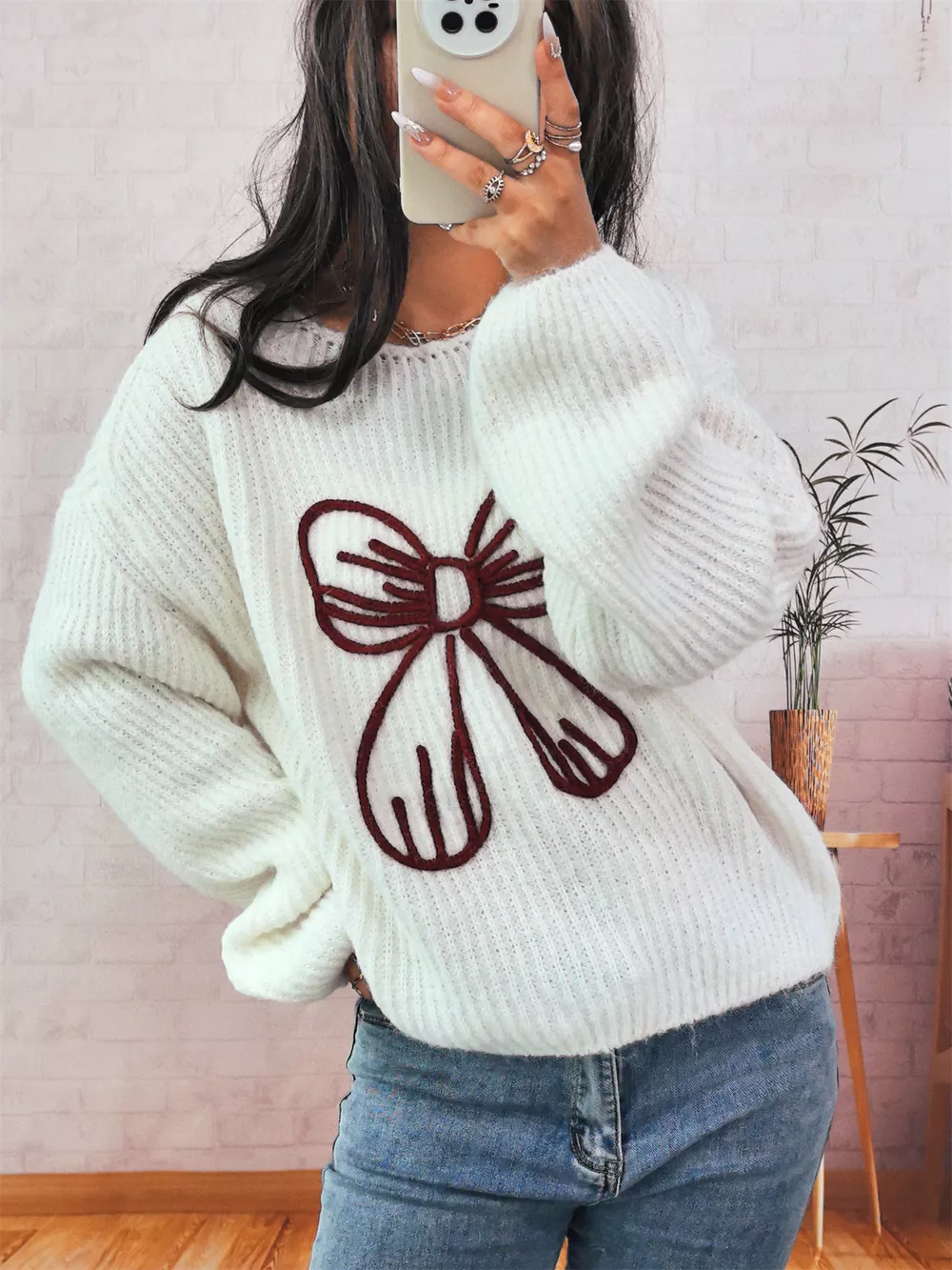 Bow Round Neck Long Sleeve Sweater, image 2