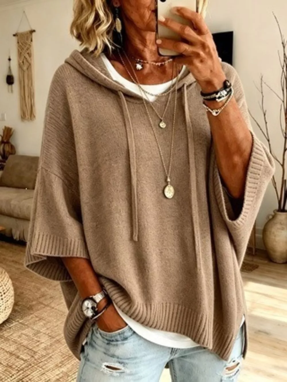 Full Size Casual Hooded Batwing Sleeve Knit Sweater Plus Size, image 6