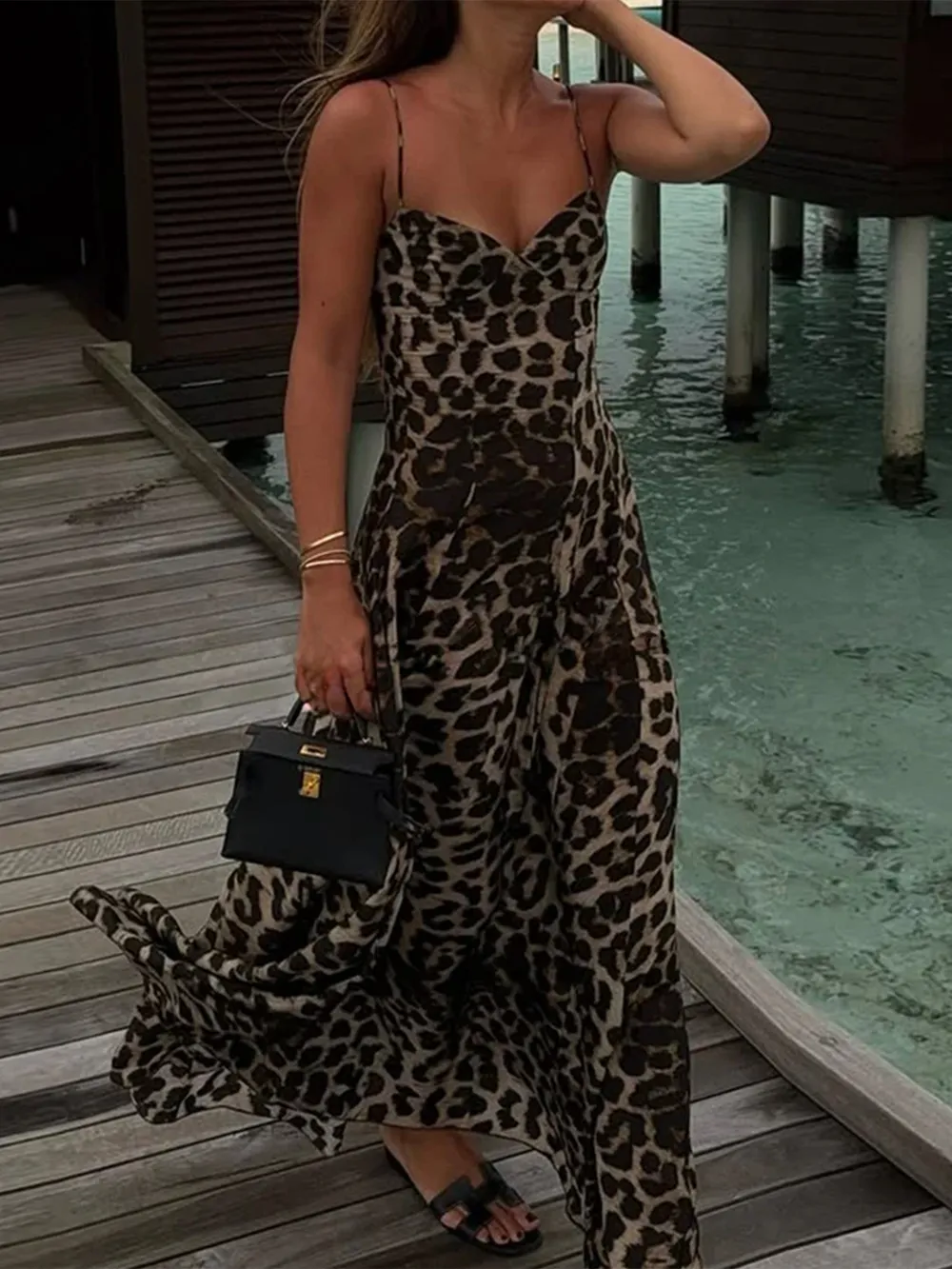 Leopard Print Sweetheart Neck Maxi Cami Dress, image 4
