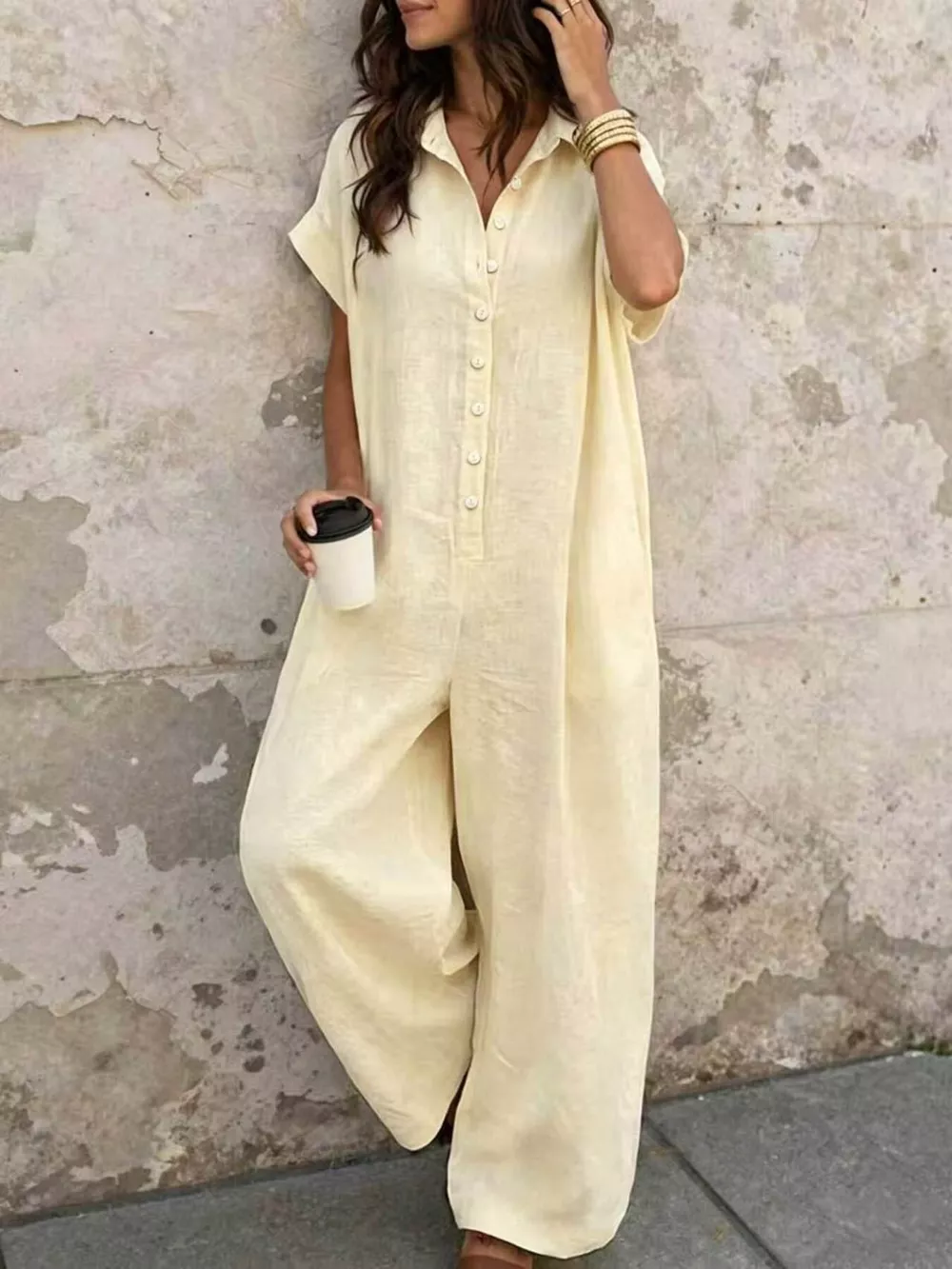 Button Front Short Sleeve Jumpsuit