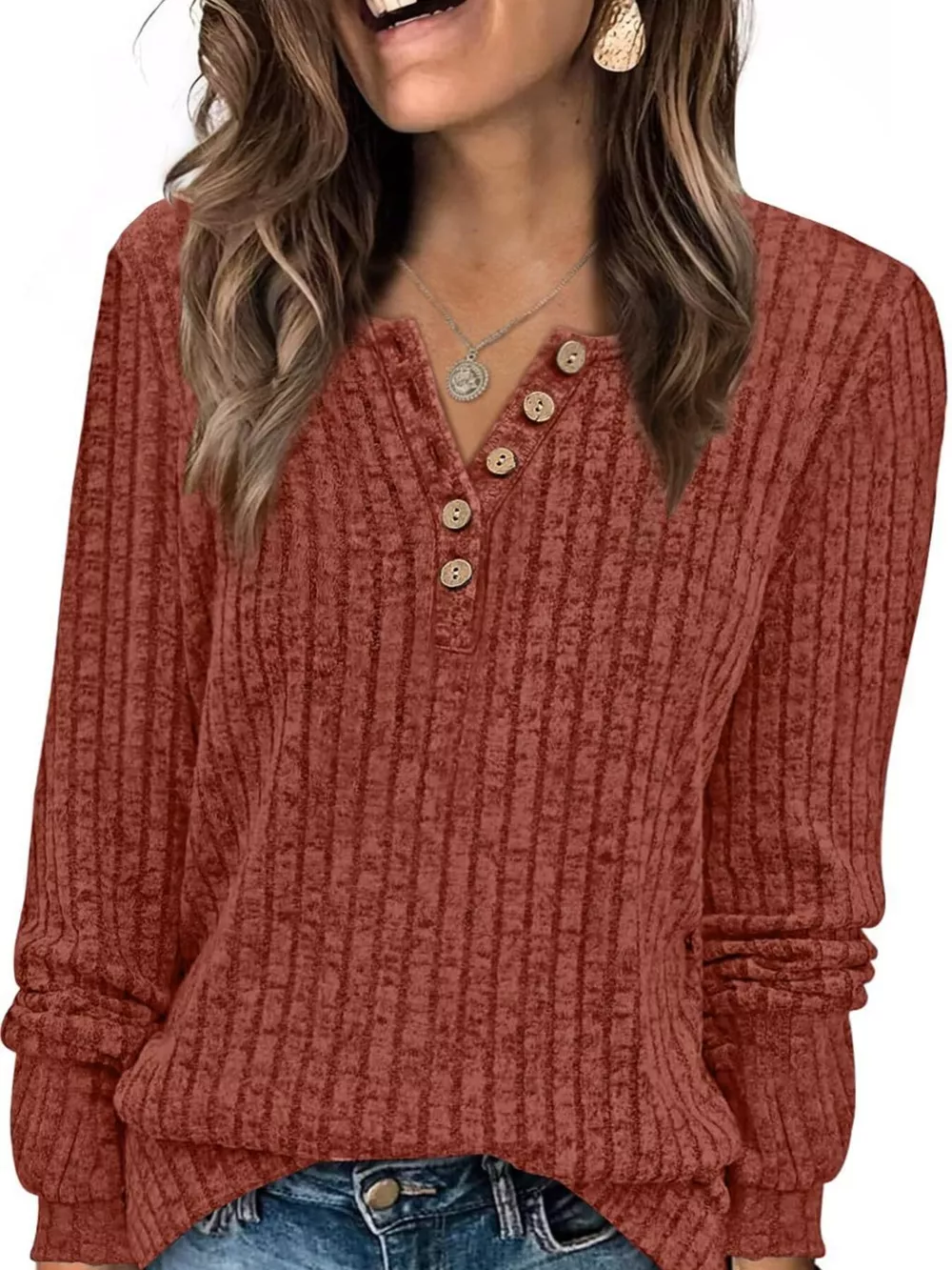 Ribbed Knit Button-Front Long Sleeve T-Shirt, image 11