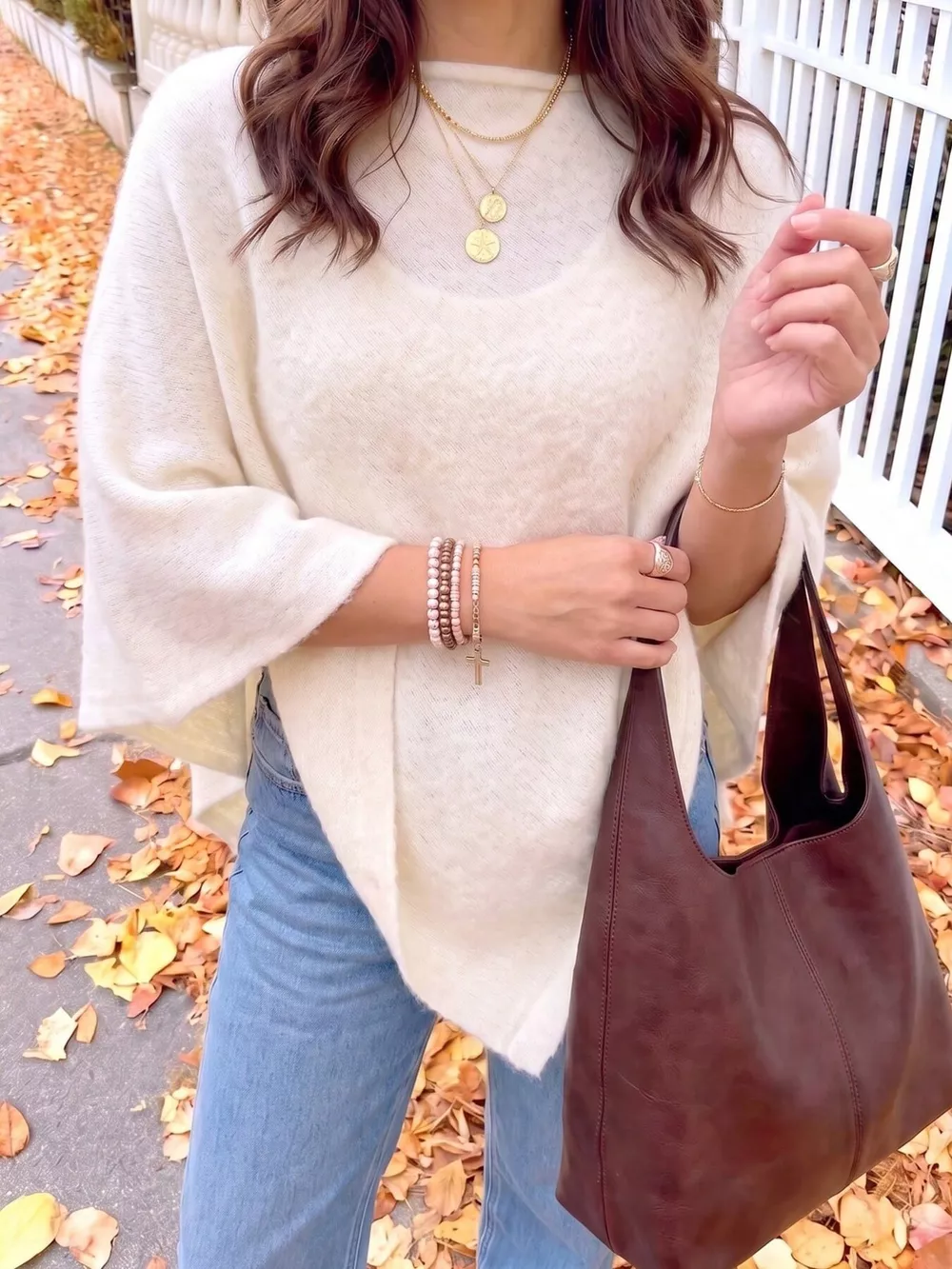 Brushed Loose Shawl Round-Neck Cape Sweater with Bat Sleeves, image 4