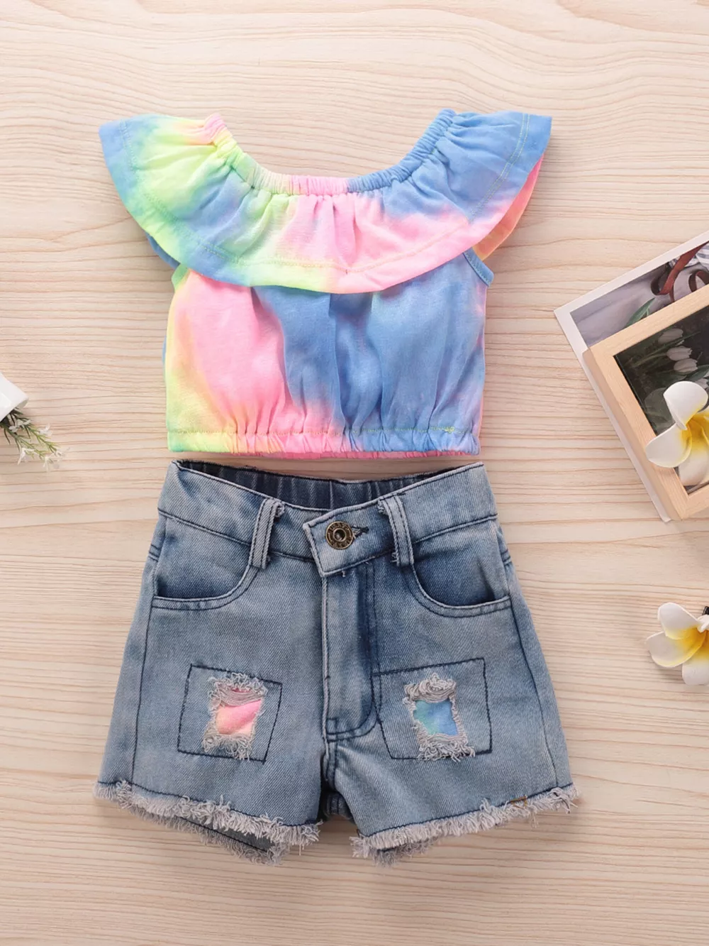 Children's Tie-Dye Ruffle Crop Top and Distressed Denim Shorts Set, image 2