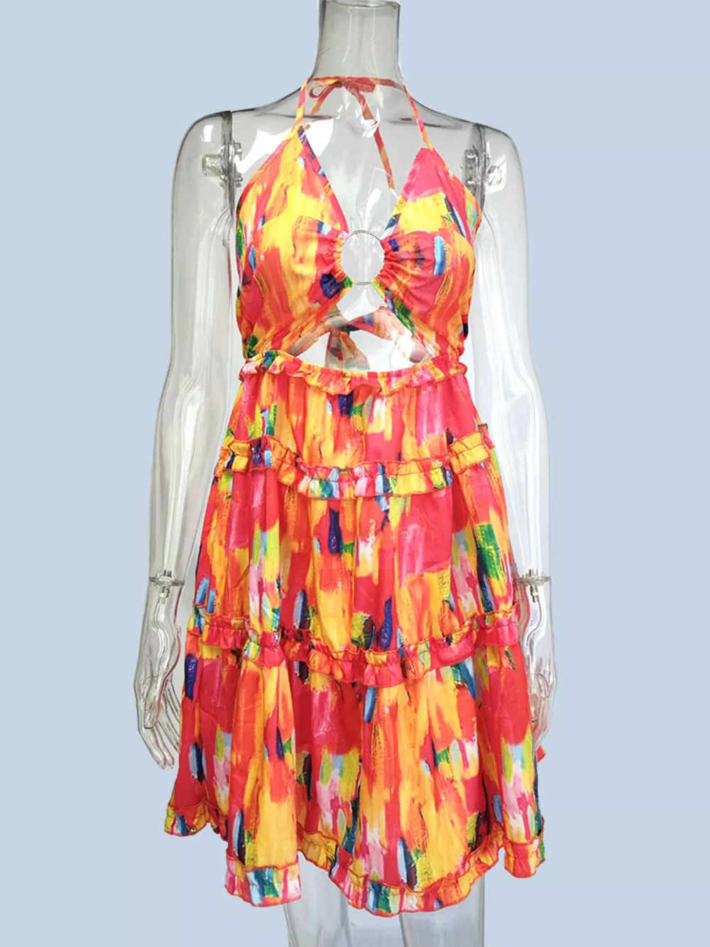 Colorful Print Halter Neck Ruffle Mini Dress, image 5